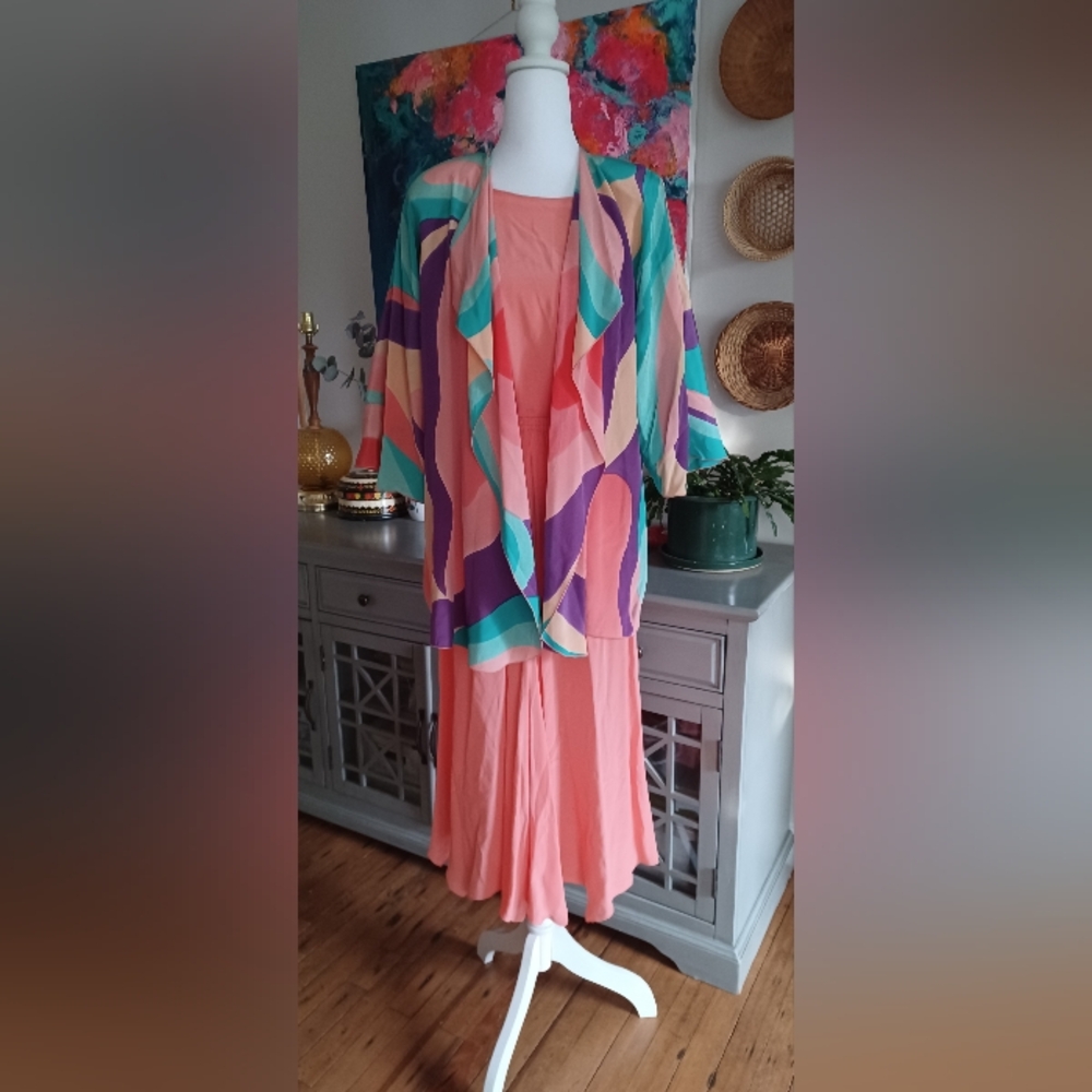 Yolanda Lorente 100% Handpainted Silk Cardigan W/ Skirt Set & Scarf